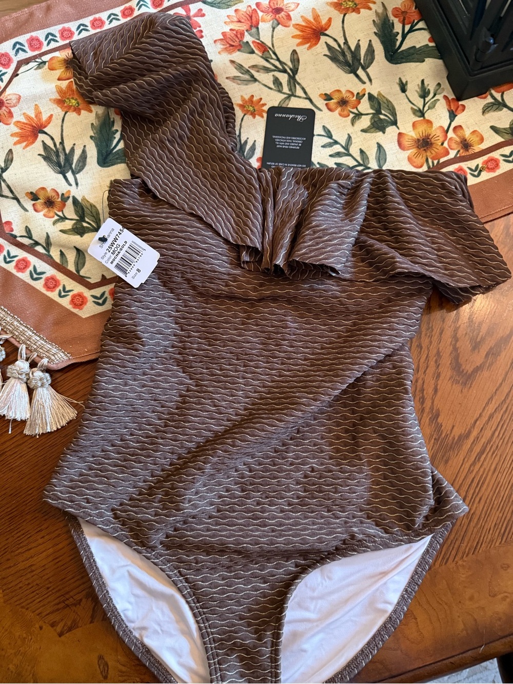 Shoshanna Mocha/Gold shimmer Textured Swimwear with Cherry Accent Tag